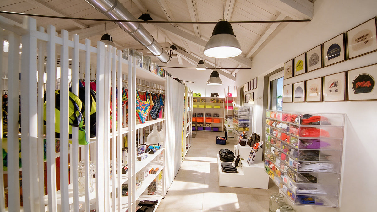 Un pasillo de la tienda BONESWIMMER de Gallarate entre paredes de listones blancos y accesorios de colores