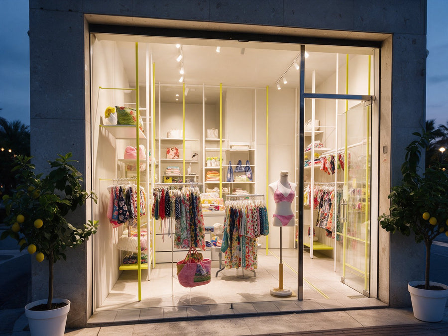 La tienda de Riccione en la esquina, de noche