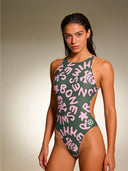 Women's training one-piece swimsuit PINUP 388P - Military Logo + Light Pink