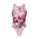 Costume intero donna da allenamento PINUP 489P - Teschio Rosa, vista frontale