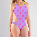 Costume intero donna da mare Dega L031DF - Lilla Stelle Rosso Fluo, dettaglio indossato