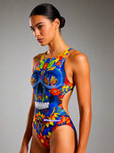 Costume intero donna da allenamento PINUP 543PF - Blue skull, vista frontale