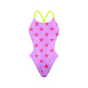 Costume intero bambina da mare Alte L028AF - Lilla Stelle Rosso Fluo, vista frontale