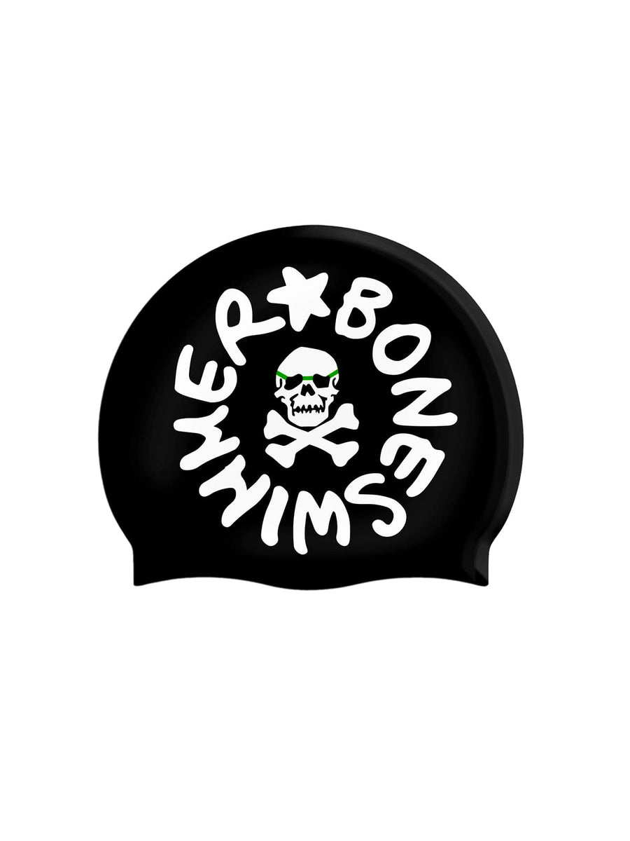 Gorro de natación silicona — Negro, logo blanco grande