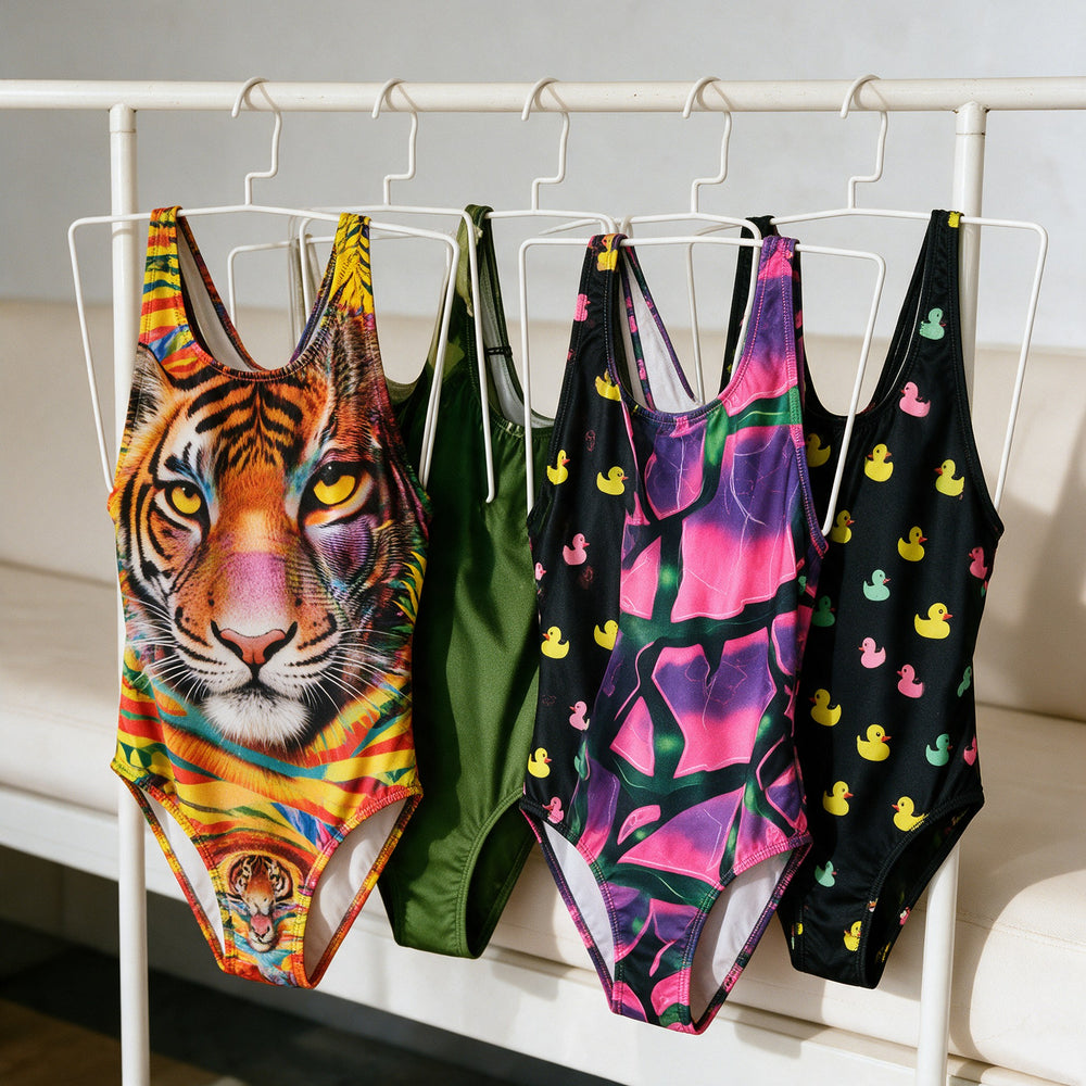 Bañadores estampados BONESWIMMER colgados: tigre, abstracto rosa y patitos